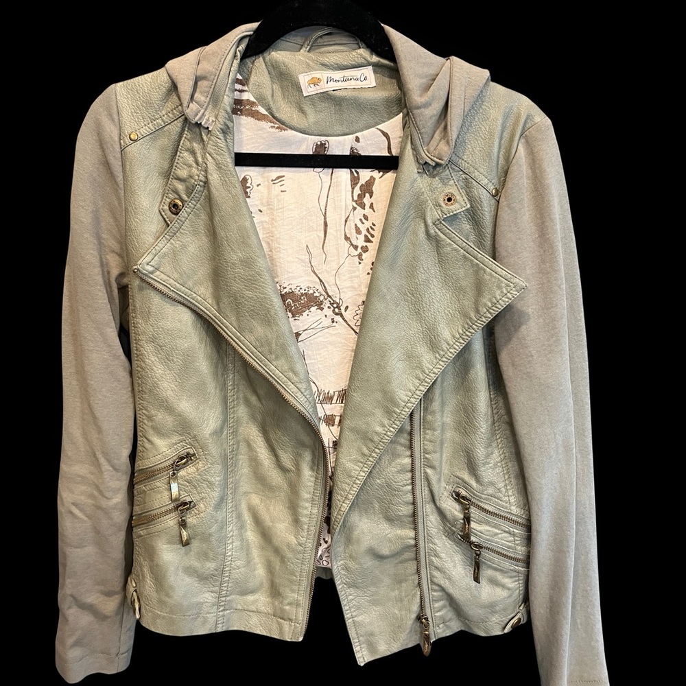 Montana Co. Leather-Look Moto Jacket in Sage Green